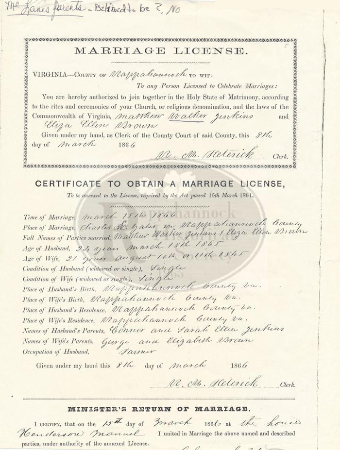Marriage License for Walker Jenkins and Eliza Ellen Brown