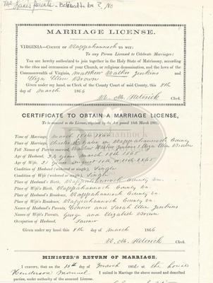 Marriage License for Walker Jenkins and Eliza Ellen Brown