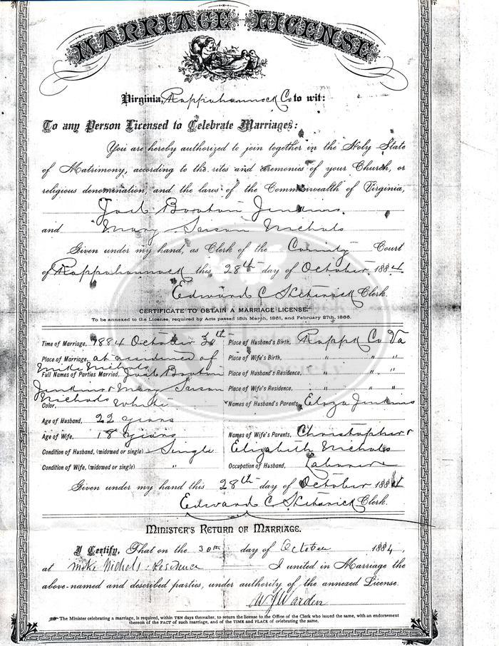Marriage License for Jack Booten Jenkins and Mary Susan Nichols.