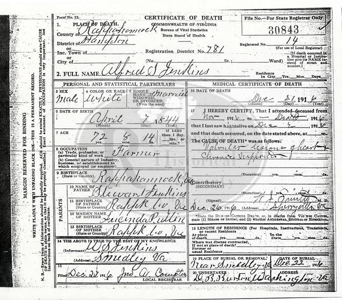 Death Record of Alfred Jenkins 1916