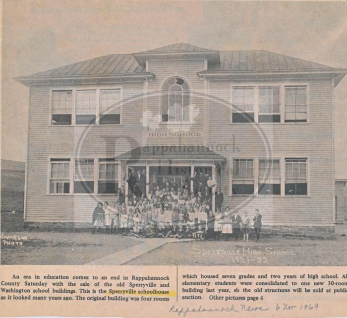 Photo of Sperryville High School Taken in 1921-22 with students and teachers posed in front of the building.