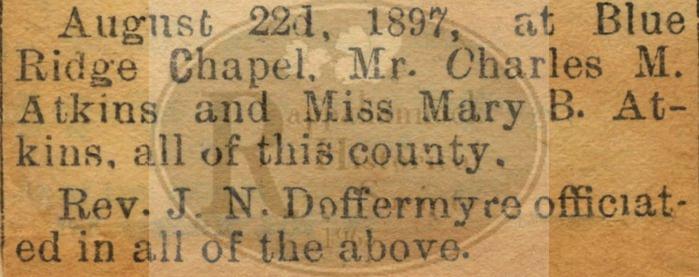 Charles B. Atkins Marries Mary B. Atkins