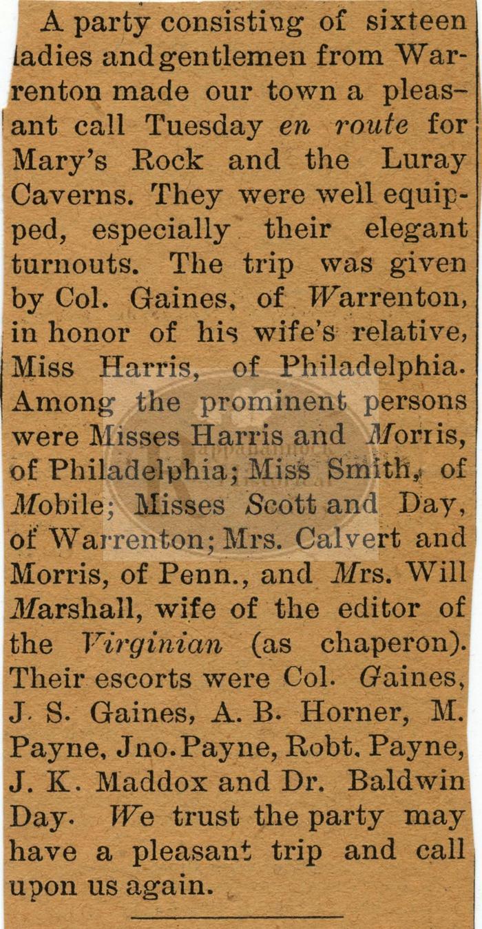 Party Passes Through Washington on Way to Mary's Rock