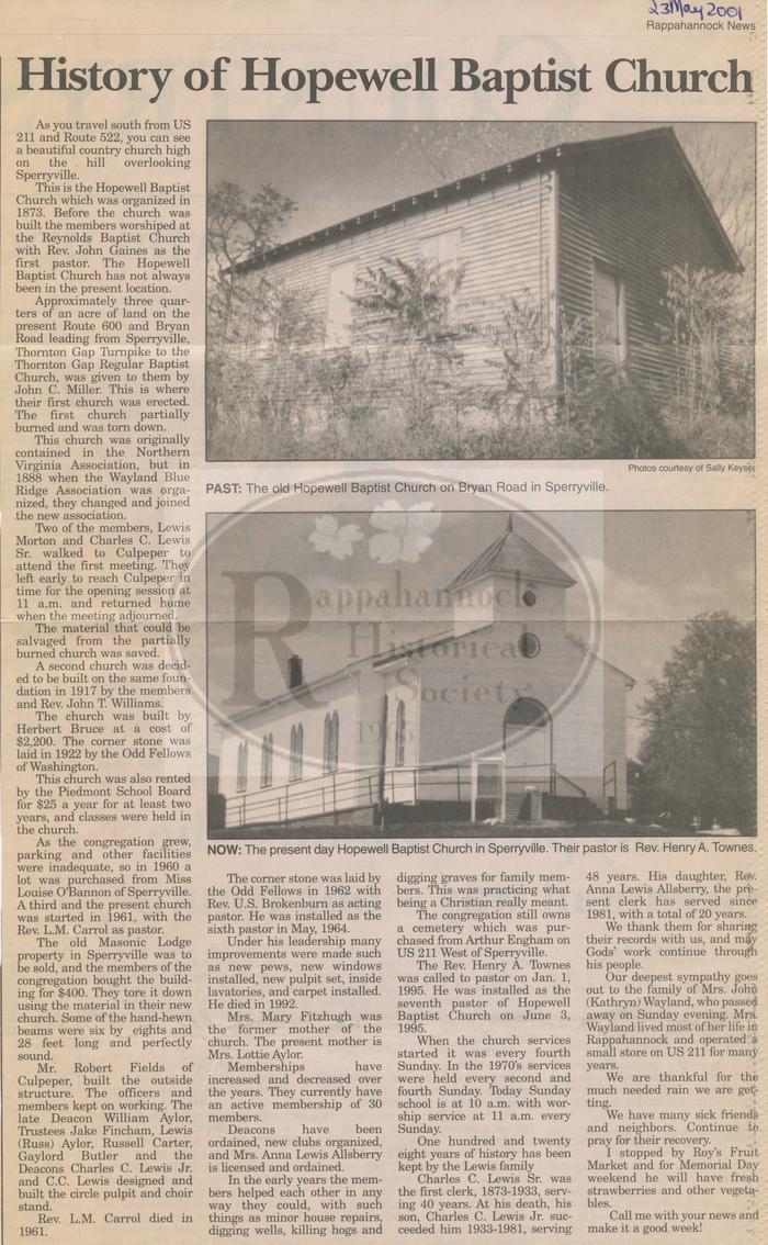 History of Hopewell Baptist Church