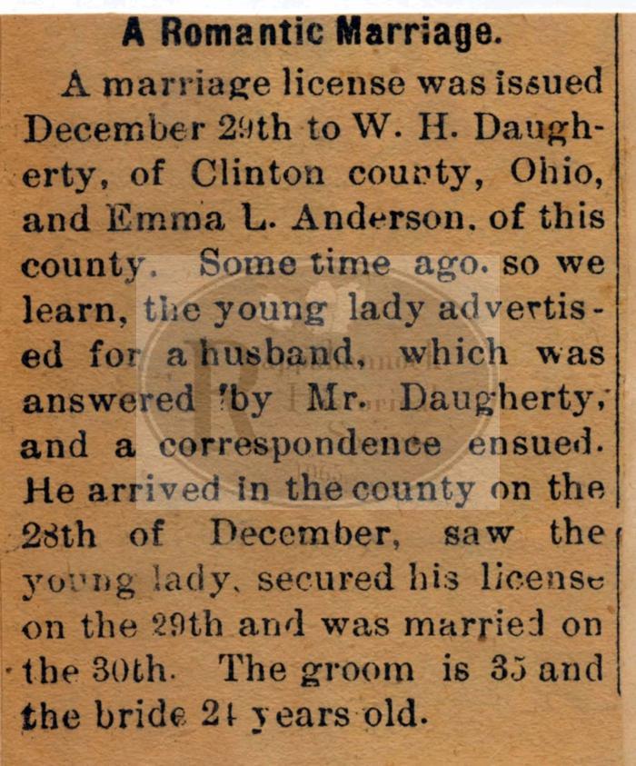 Emma L. Anderson Weds W. H. Daugherty