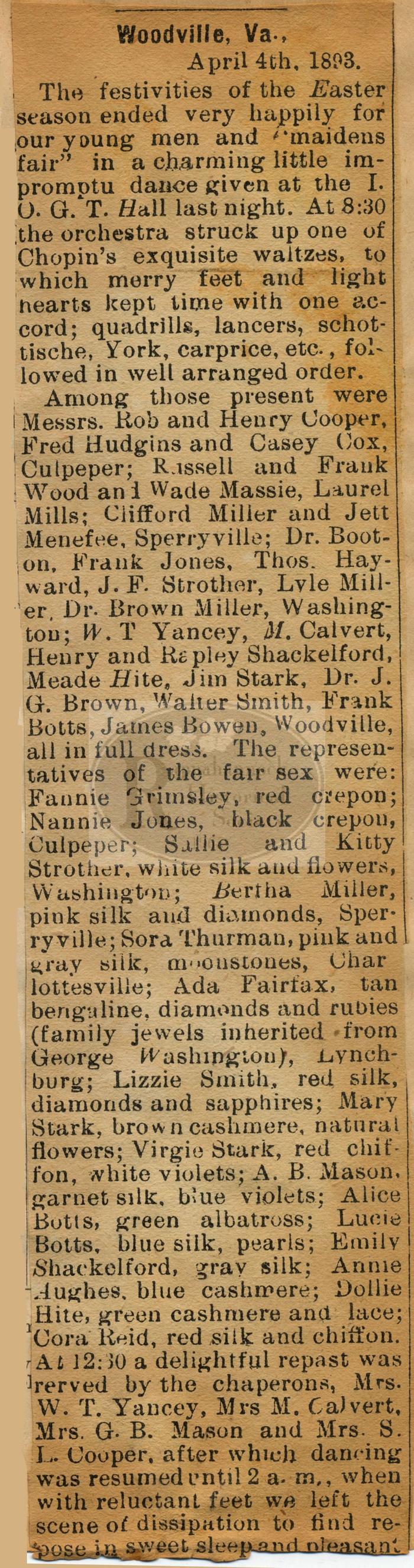 Easter Festivities in Woodville in 1893
