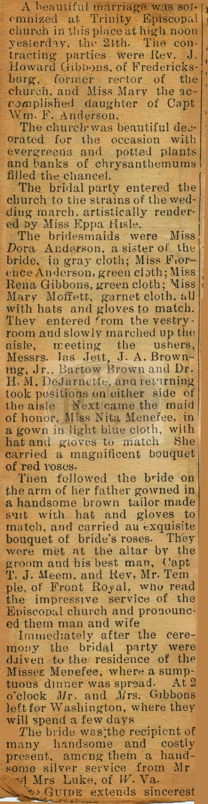 Miss Mary Anderson Weds Rev. J. Howard Gibbons