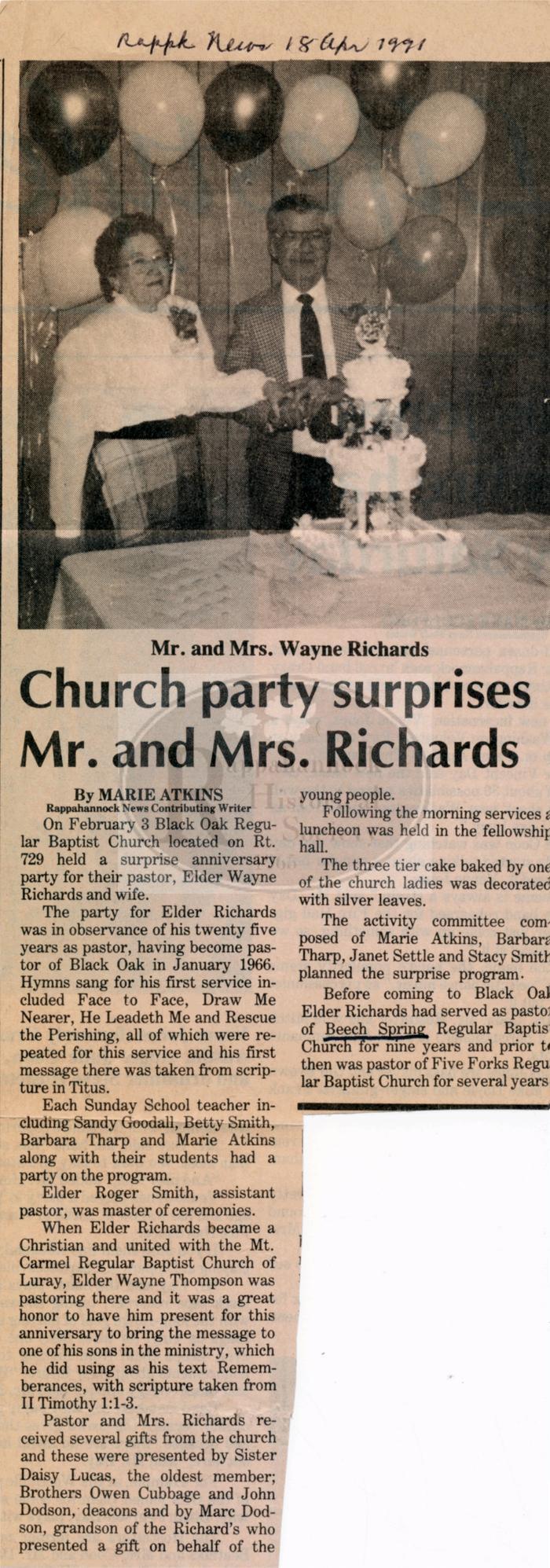 Surprise Party for Pastor and Mrs. Richards