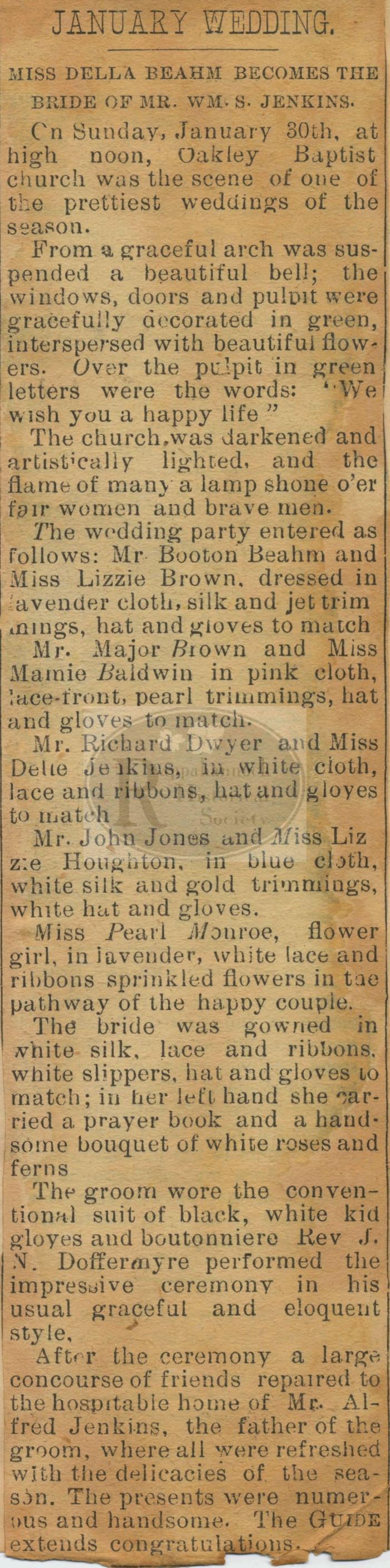 Della Beahm Bride of William Jenkins