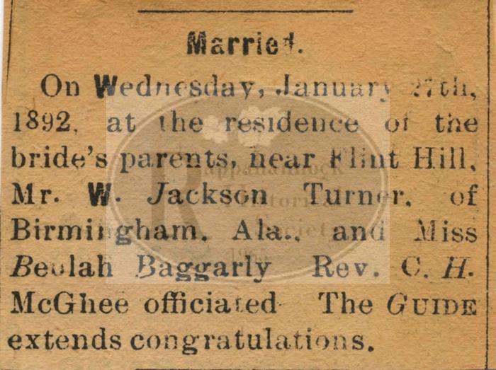 Beulah Baggarley Weds W. Jackson Turner