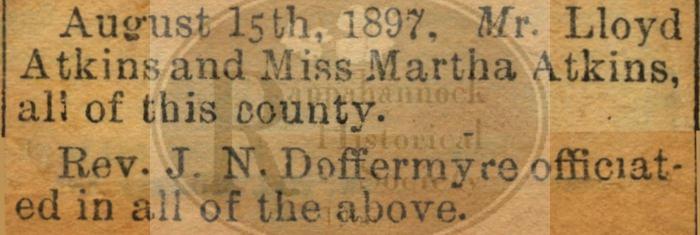 Marriage Announcement of Mr. Lloyd Atkins to Miss Martha Atkins
