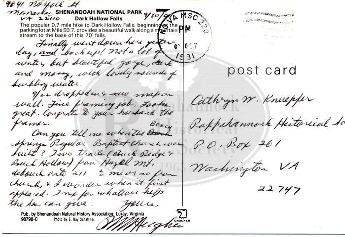 1991 postcard to the Rappahannock Historical Society asking for information on Beech Springs Baptist Church.