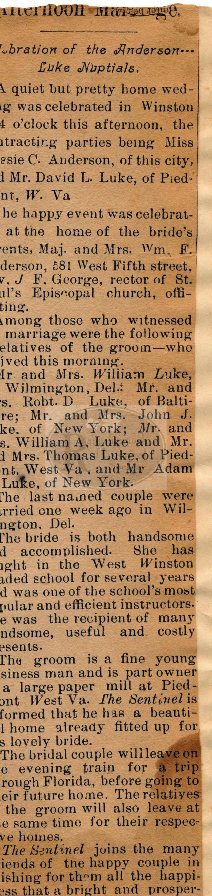 Bessie Anderson Weds David Luke