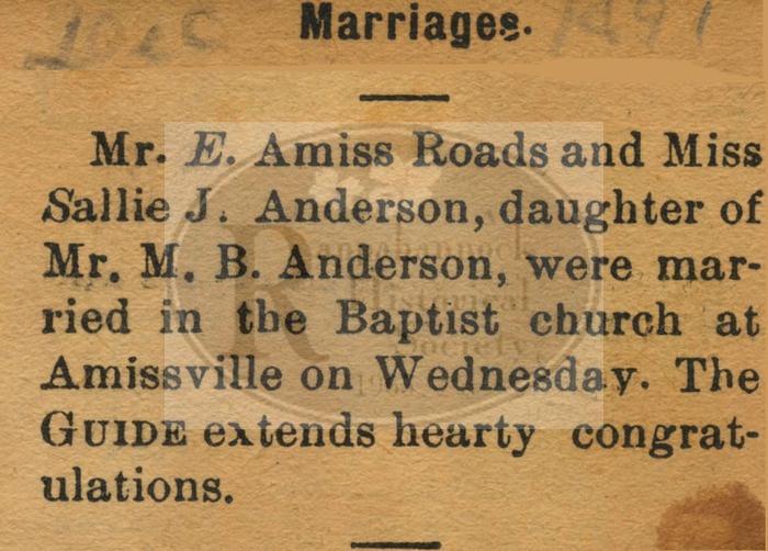 Mr. E. Amiss Roads Marries Miss Sallie J. Anderson
