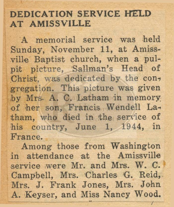 Picture given to Amissville Baptist Church by Mrs. A. C. Latham 