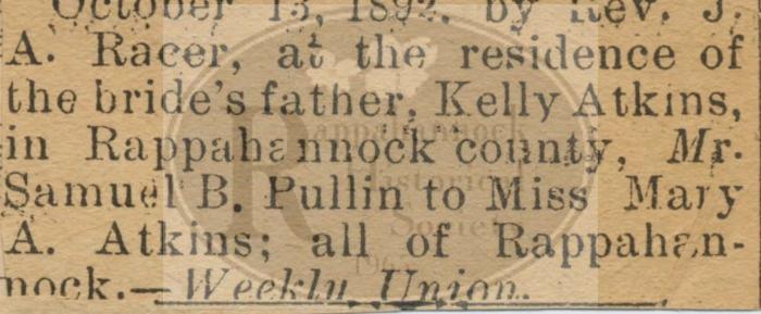 Marriage Announcement of Mr. Samuel Pullen to Miss Mary A. Atkins