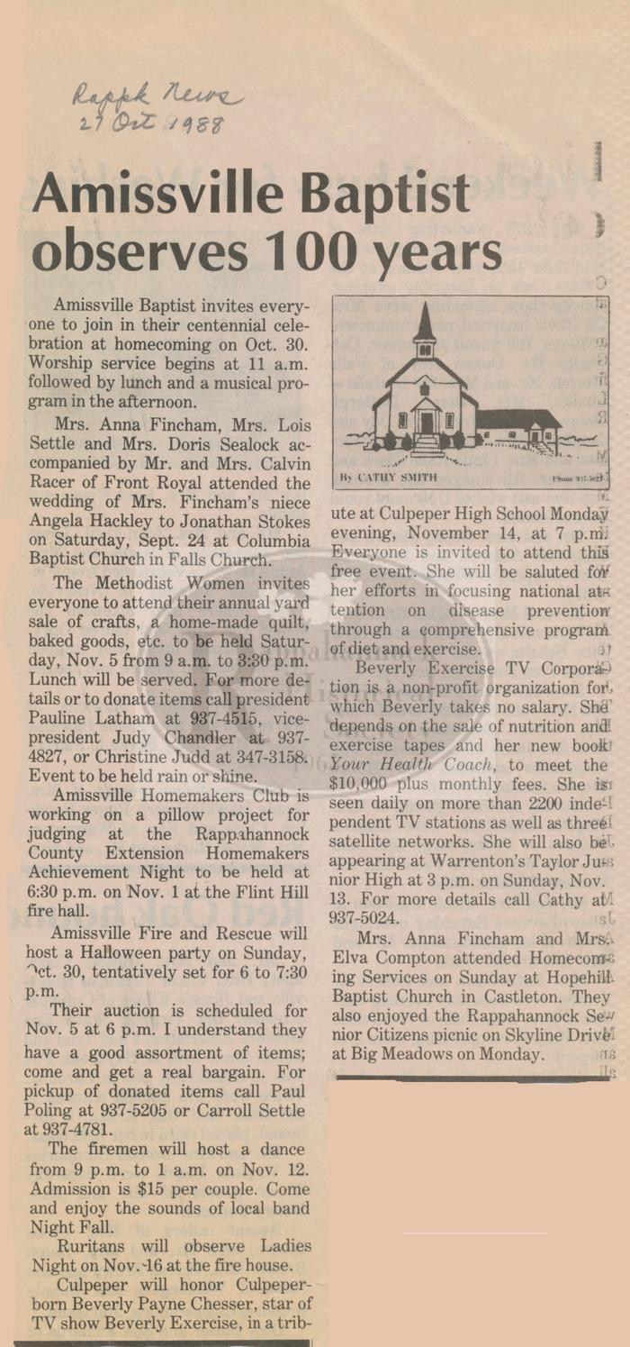 Amissville Baptist Observes 100 Years.