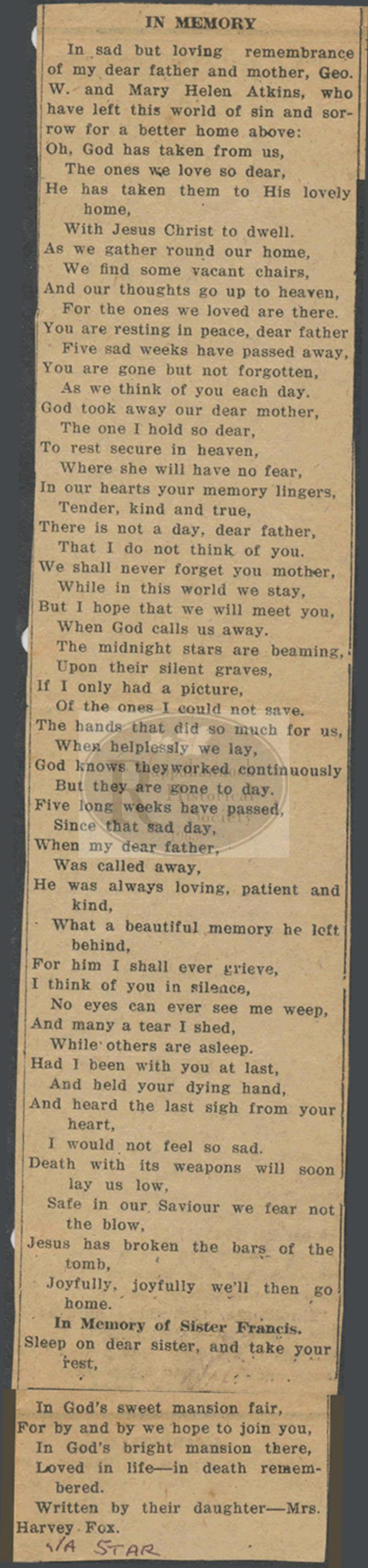 Memorial Poem in Remembrance of George W. & Mary Helen Atkins