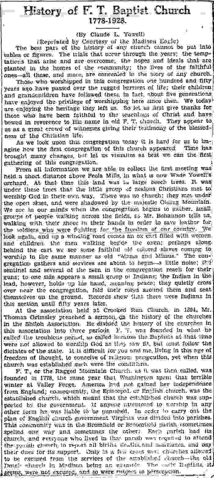 History of F. T. Baptist Church 1778-1928