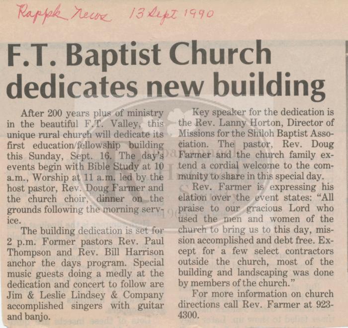 F. T. Baptist Church Dedicates New Building