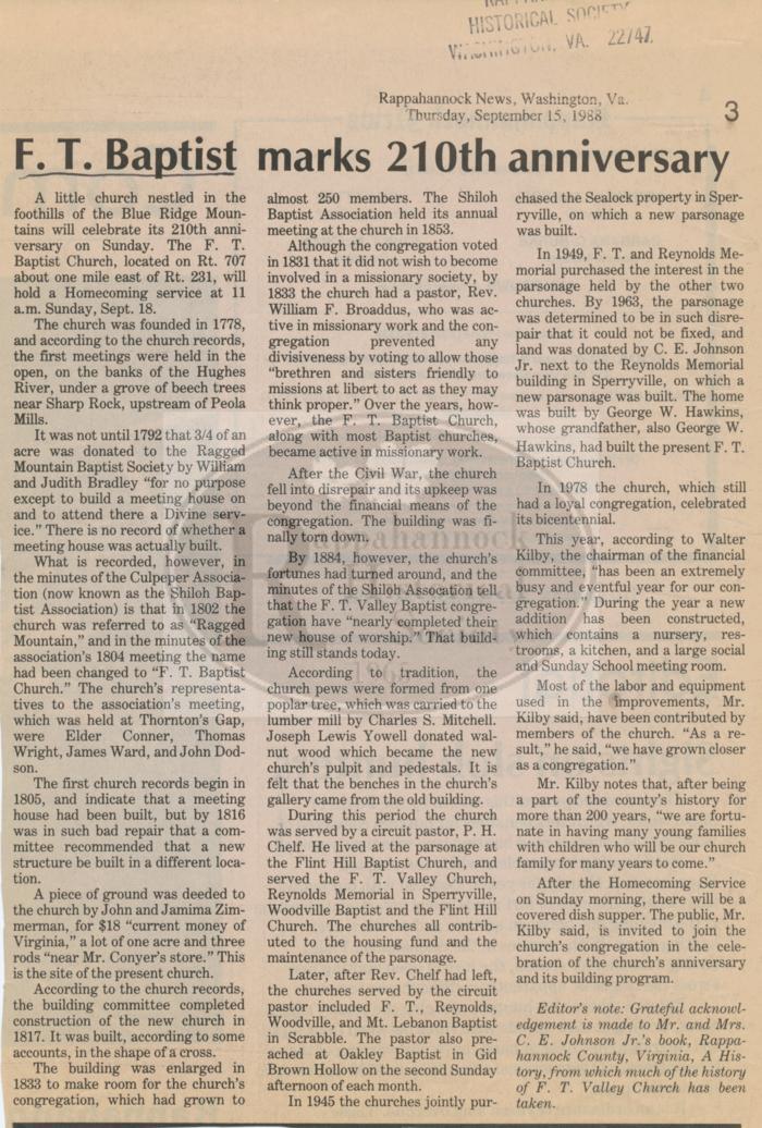 F. T. Church on the Occasion of its 210th Anniversary