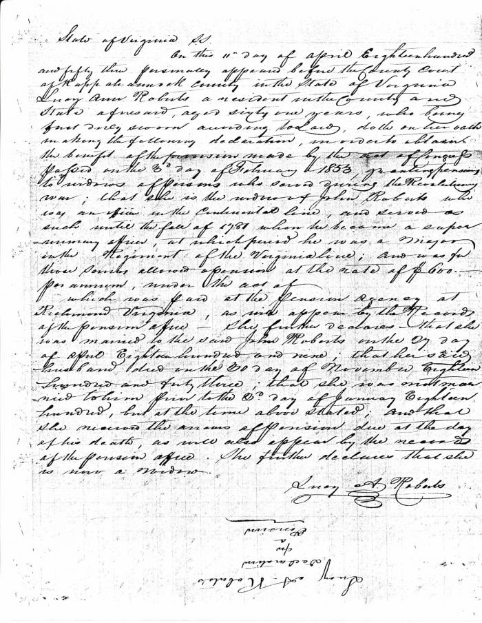 Declaration of Pension for Lucy Ann Roberts