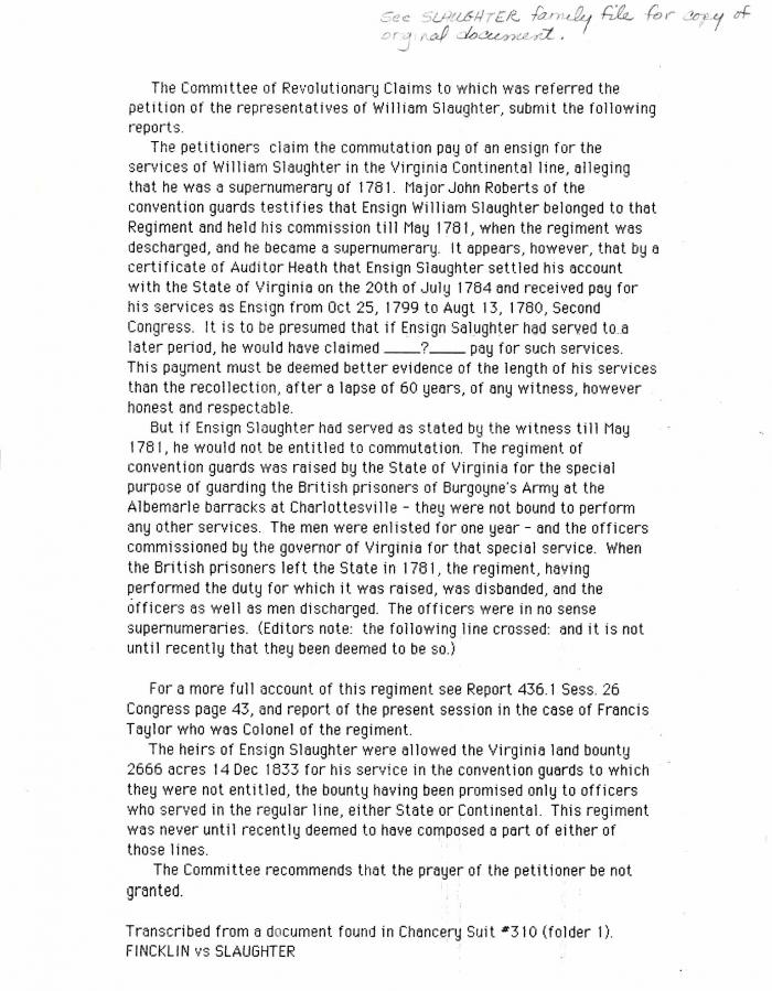 Report of the Committee for Revolutionary Claims on the Petition of the heirs of William Slaughter Sr.