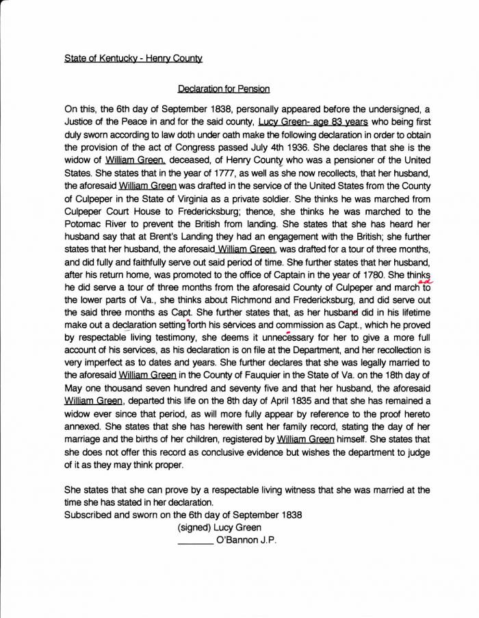 Declaration for Pension for Lucy Green